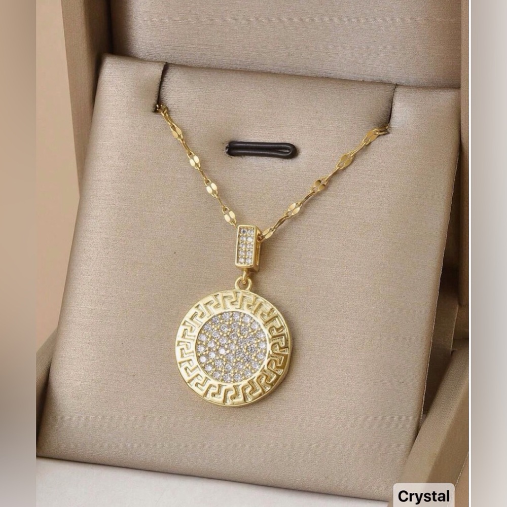 Gold Crystal Pave Medallion Pendant Necklace - Greek Key